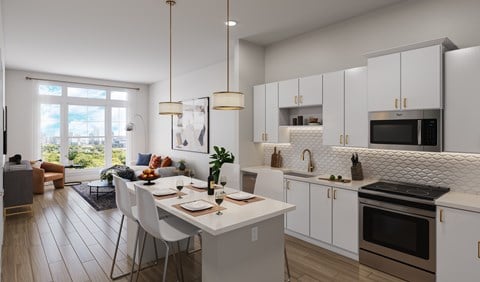 a rendering of a kitchen and living room with a table